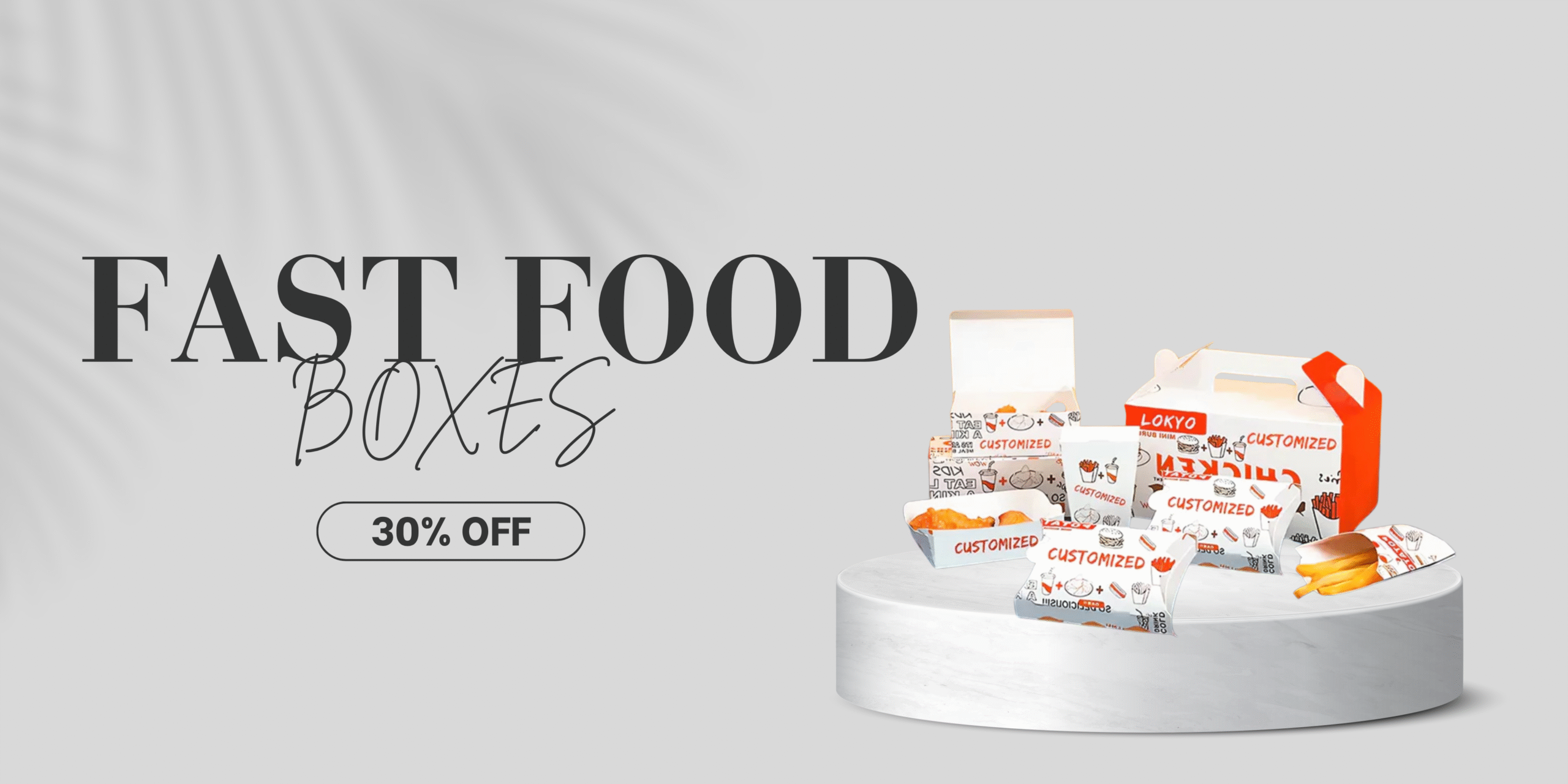Custom-printed fast food boxes for burgers, fries, hot dogs, and popcorn – eco-friendly packaging for takeout, delivery, and food trucks.