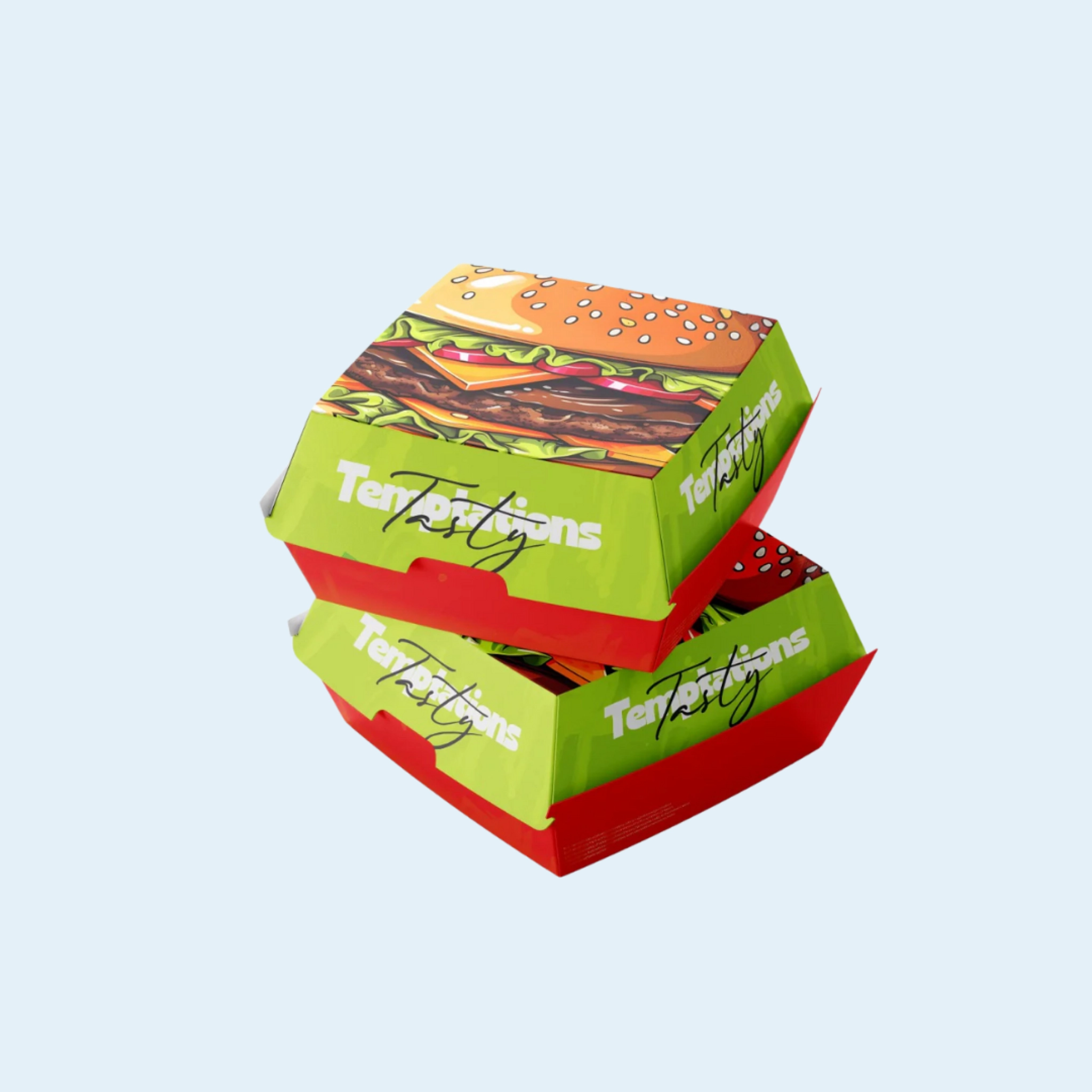 Printed burger packaging box with tuck-top lid and ventilation holes