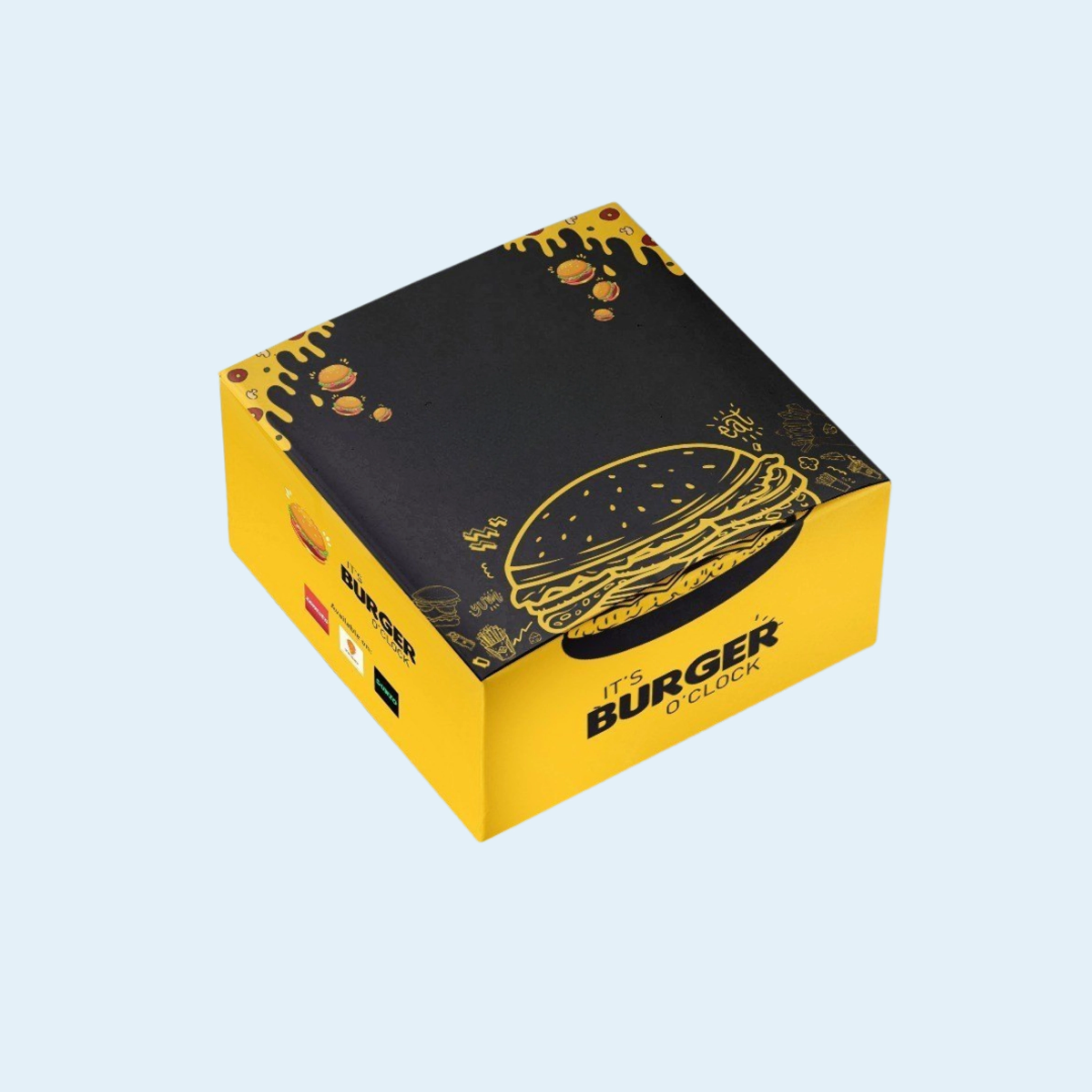 Stacked burger boxes with bold branding for restaurant use