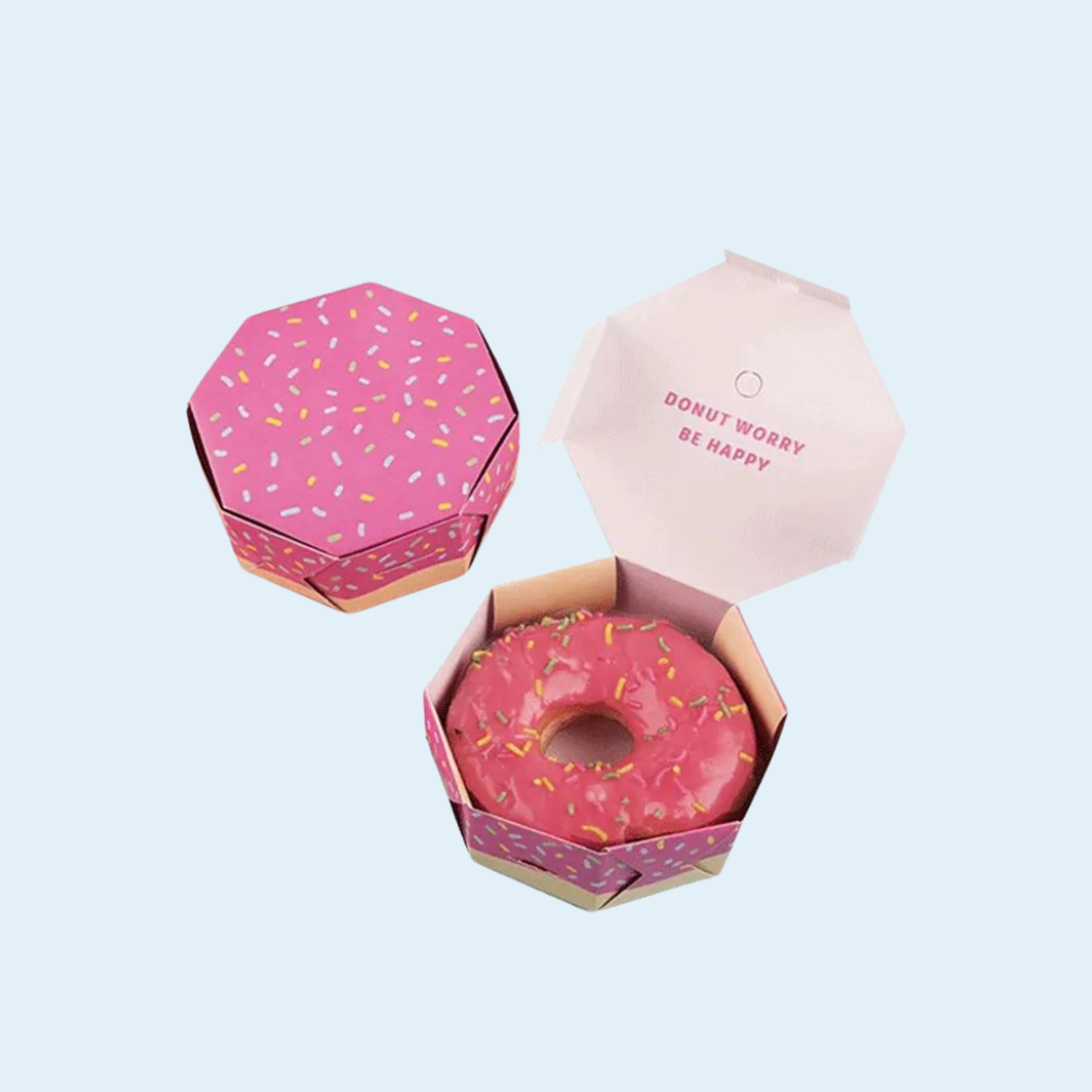 Die-cut donut boxes for bakery display and gifting