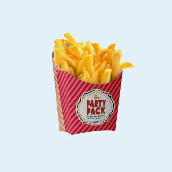Full-color printed fry packaging with custom artwork