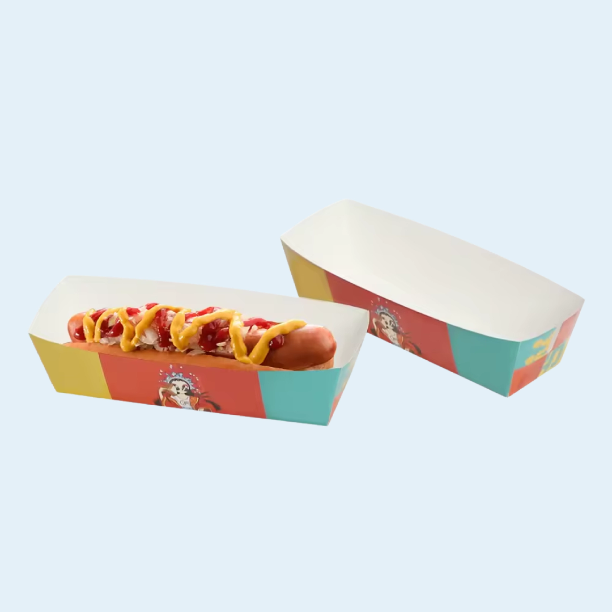 Full-color printed hot dog packaging with custom artwork