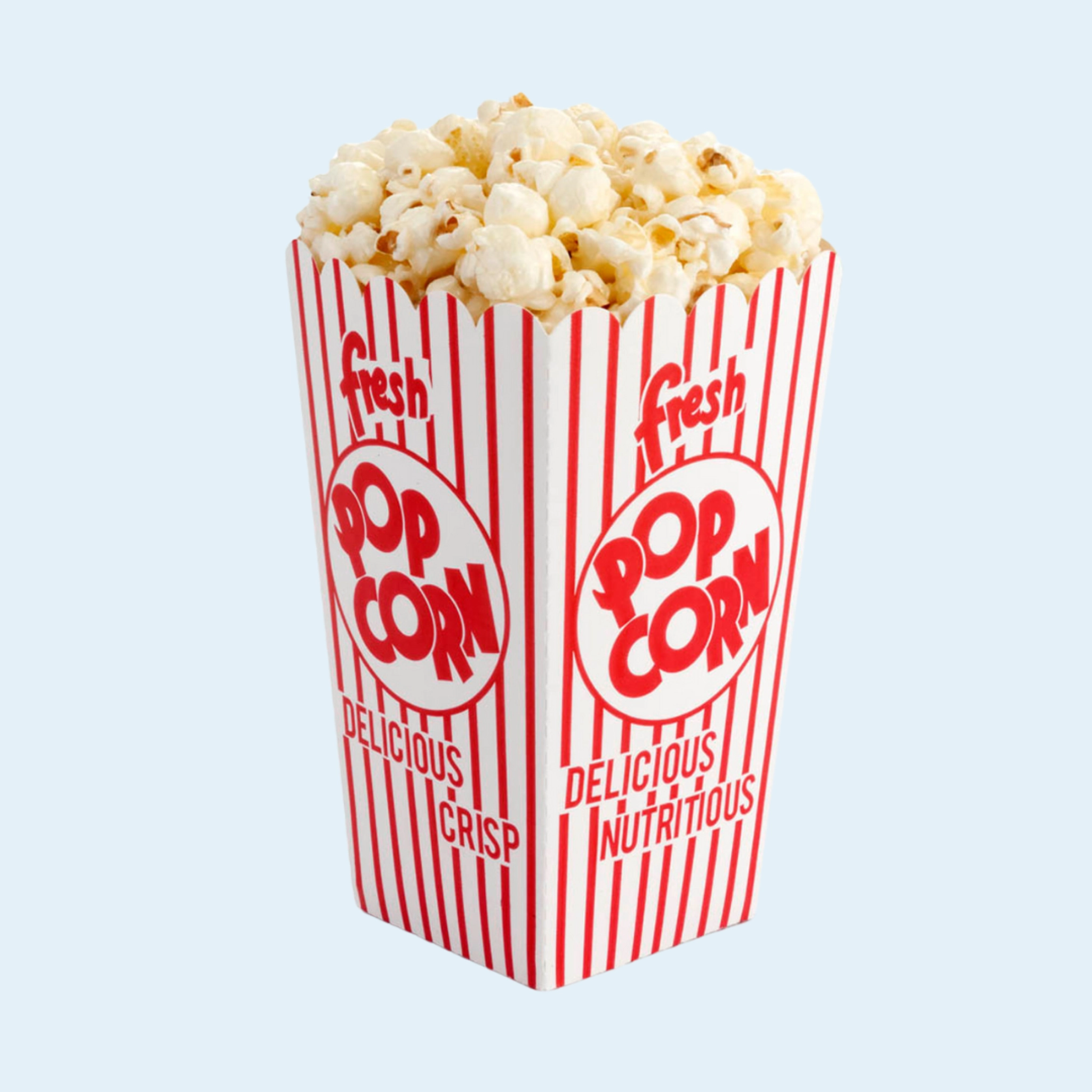 Popcorn packaging in glossy finish with colorful branding and handles