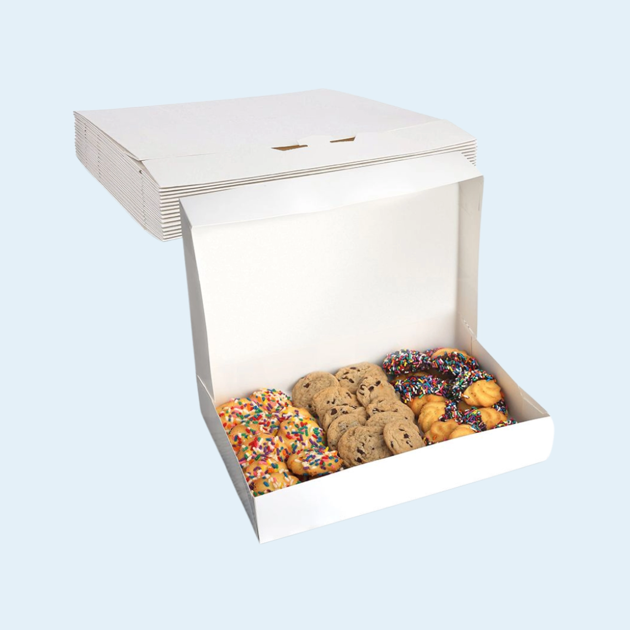 Food-safe white cookie boxes used for bakery takeout and events