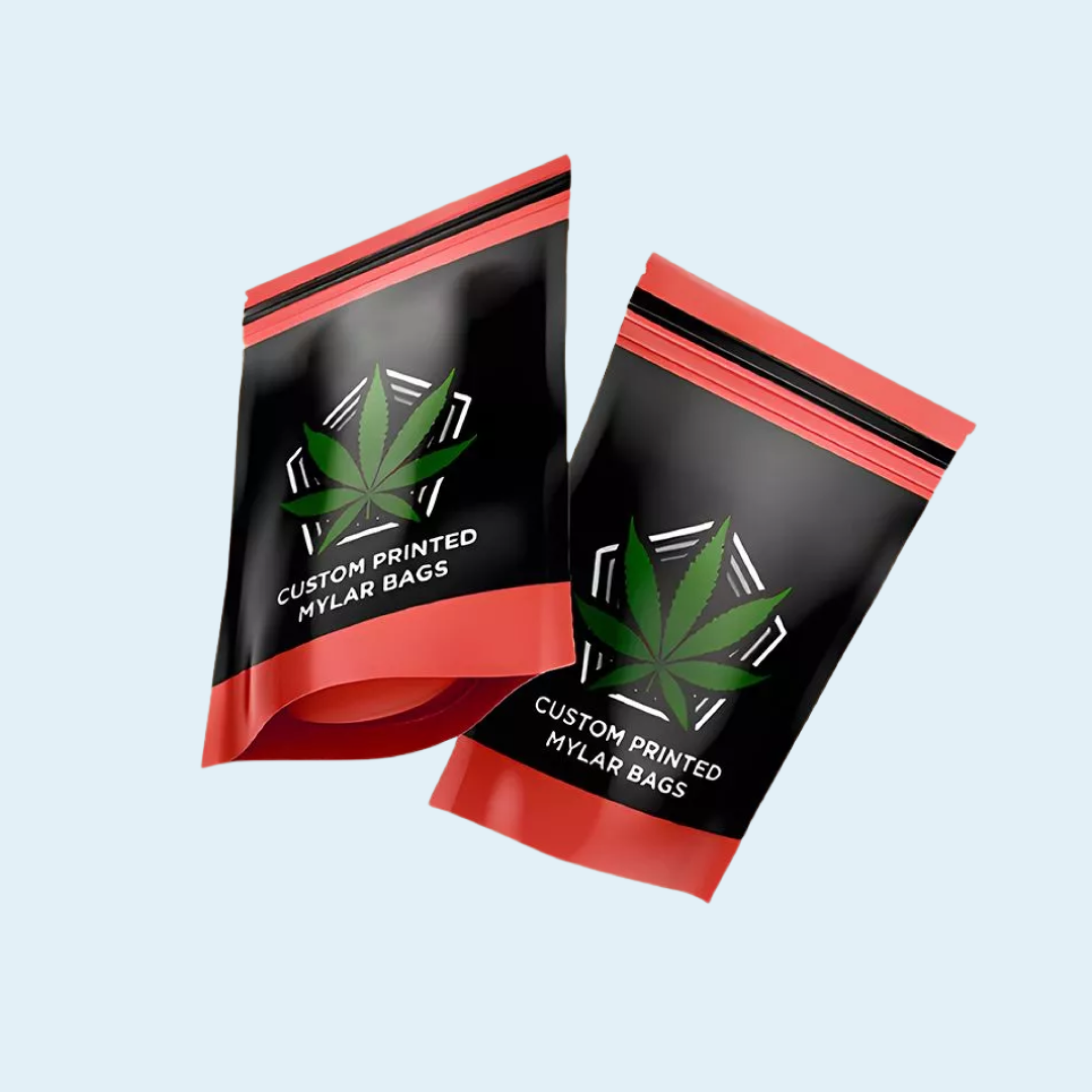 Custom holographic weed zipper bags on dispensary shelf